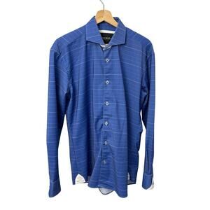 Maceoo Mens Medium Einstein Plaid Shirt Blue White Stretch